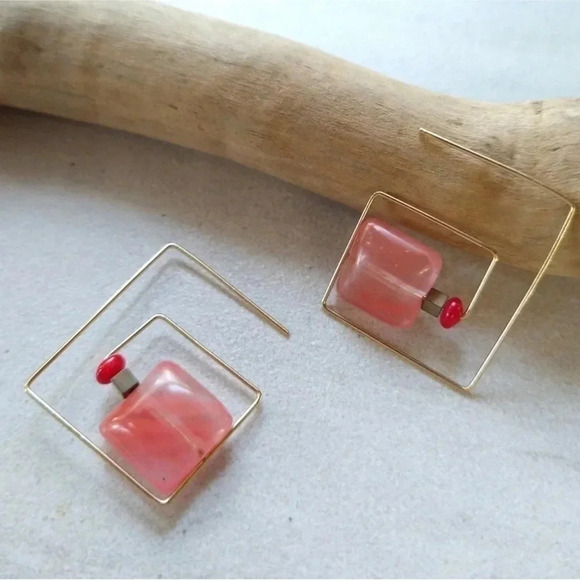 Square Threader Earrings Gold Pink - Picture 6 of 11
